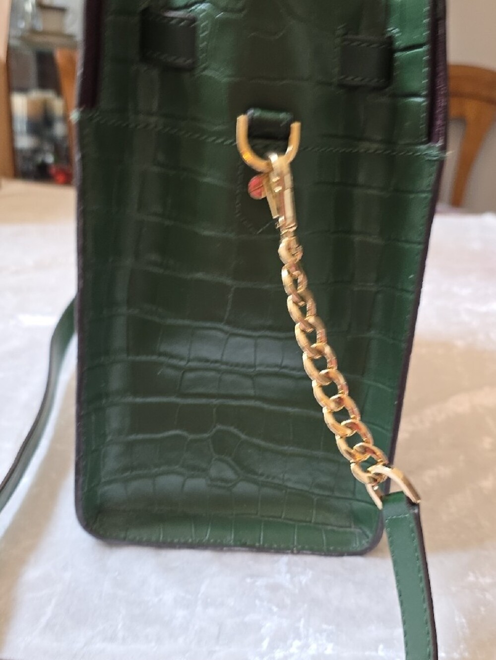 Michael Kors Nouveau Hamilton Dark Green Croc-Embossed Leather Satchel - Picture 5 of 16